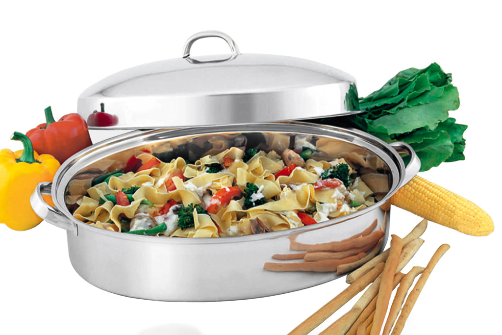 Plat de cuisson ovale avec couvercle et grille en acier inoxydable 41x30x20cm