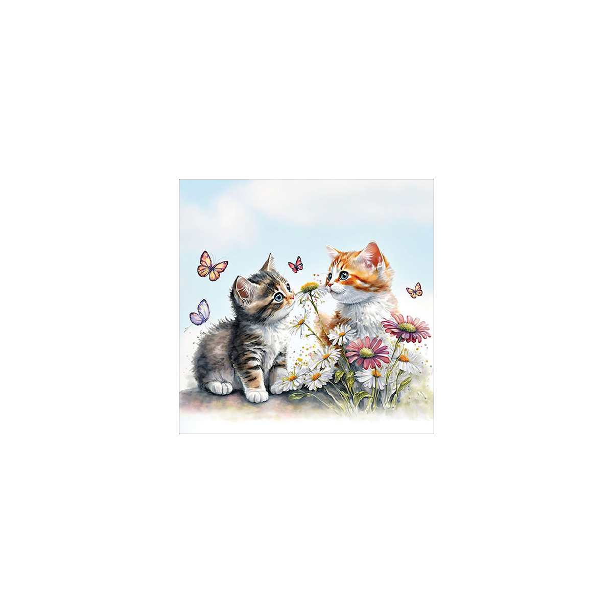 Serviette de table 33xx33cm Chats dans le champ de fleurs Emb.20