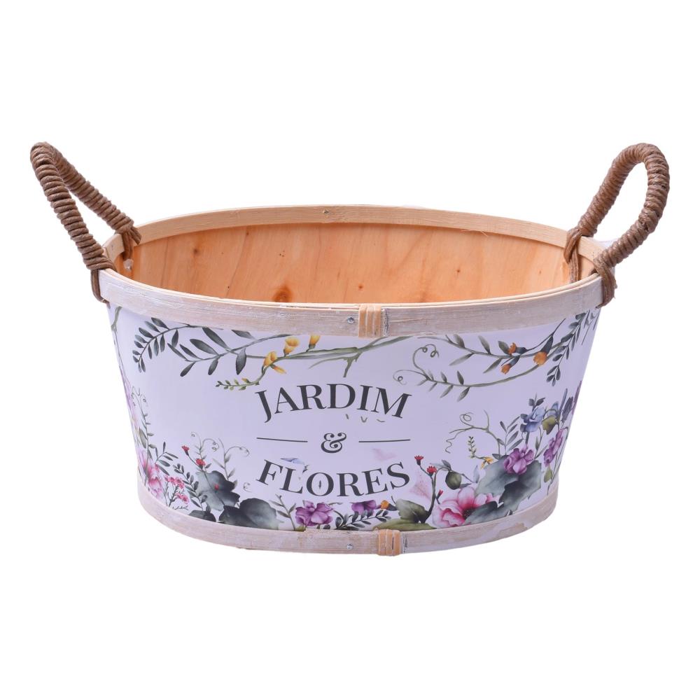 Panier ovale en bois à décor de fleurs 19x19x12cm