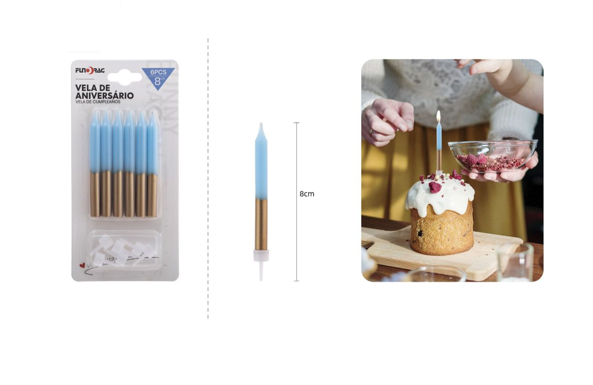 Bougie unie bleu/or de 8 cm, 6 pièces