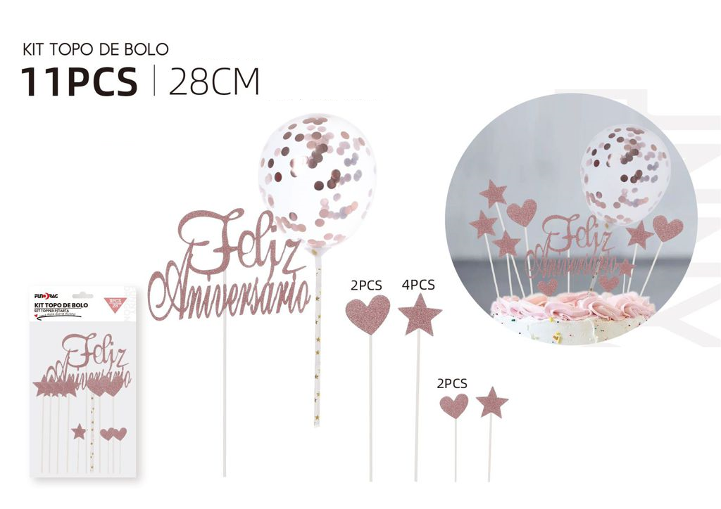 Ornement Joyeux Anniversaire en Or Rose 28 cm 11 pièces