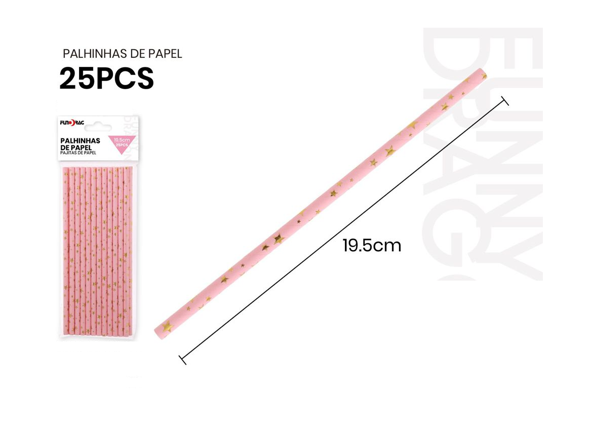 Pailles en papier rose avec étoiles dorées 19 cm 2