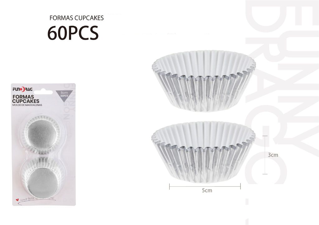 Moule en papier cupcake argenté de 11 cm, 60 unités