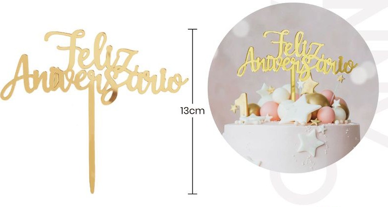 Ornement joyeux anniversaire acrylique doré de 13 cm