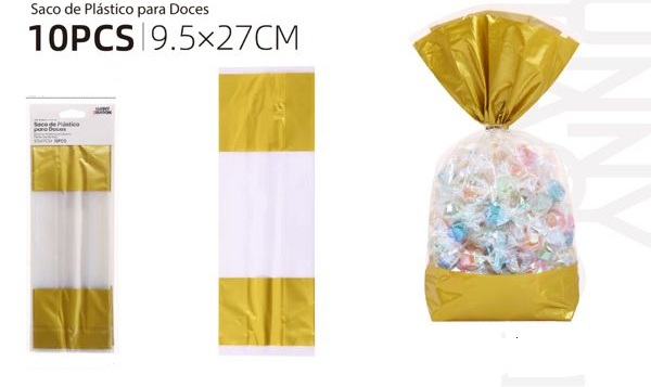 Sac en PP doré avec attaches à bonbons 9,5 x 17 cm