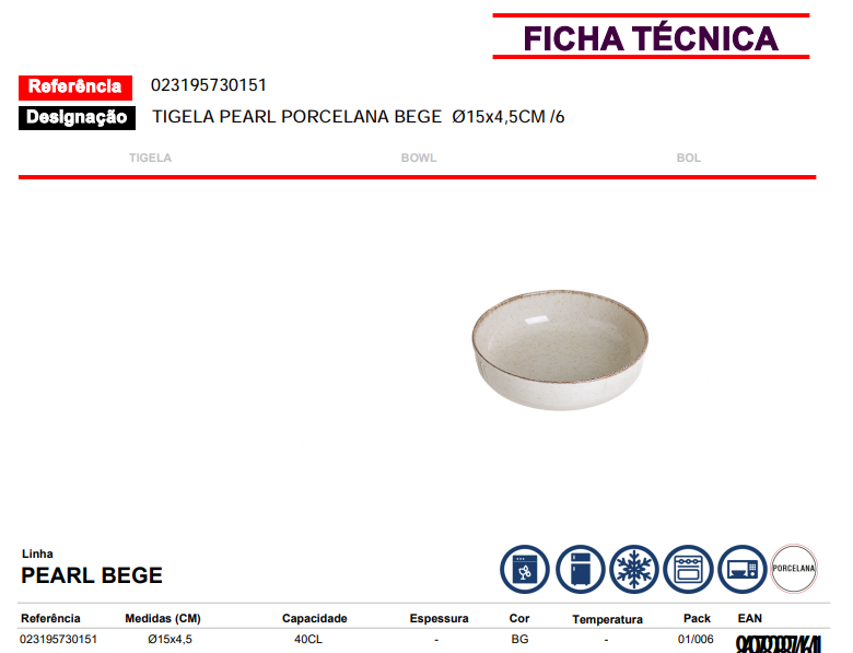 Bol en porcelaine beige PEARL 15x4.5cm