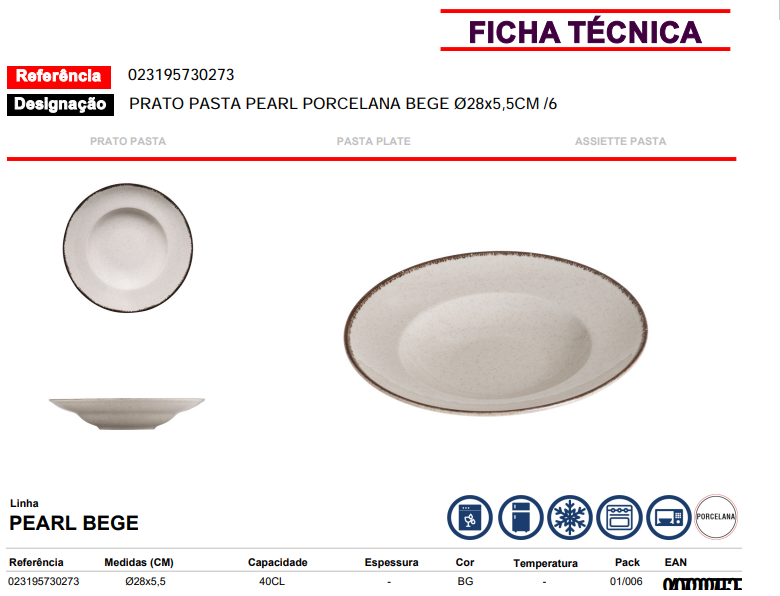 PEARL assiette à pâtes en porcelaine beige 28x5,5 cm
