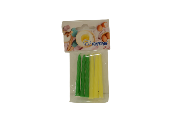 Bougies torsadées vertes et jaunes de 7cm, paquet de 6