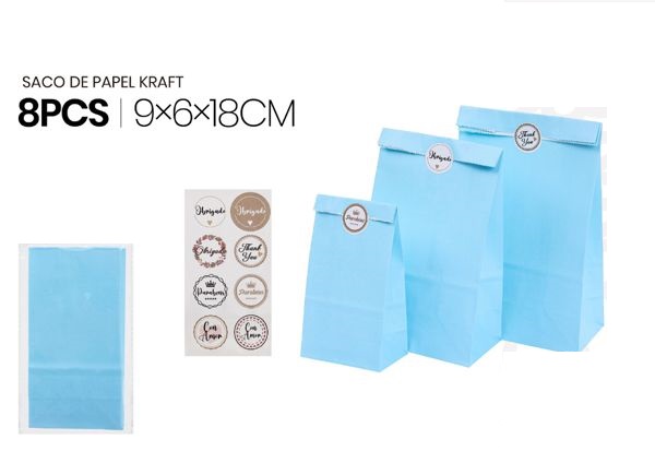 Sac en papier kraft bleu à fond rectangulaire de 9 x 6 x 18 cm